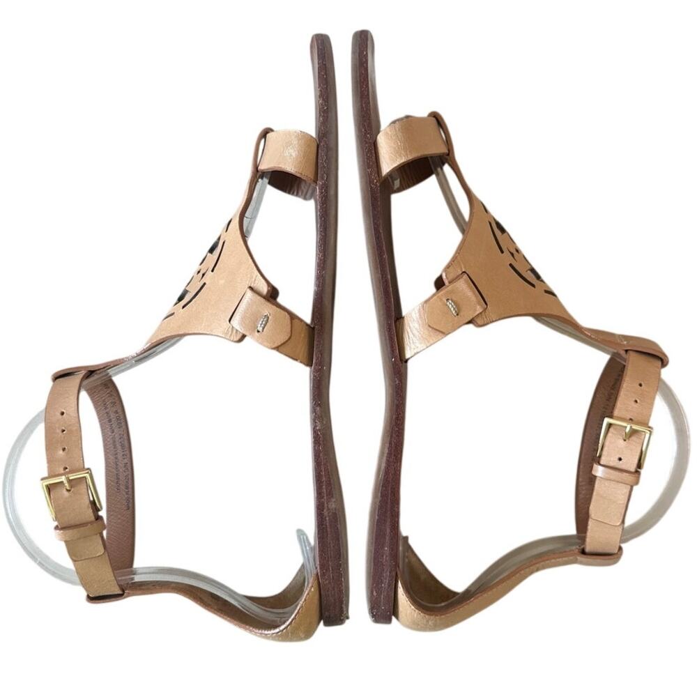 Tory Burch Zoey Leather Sandals‎ Tan Cutout Logo Flat Size 8 - Picture 10 of 13